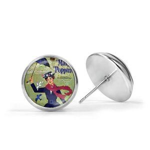Mary Poppins Retro Movie Silver Glass Posts Studs Earrings New Hypoallergenic